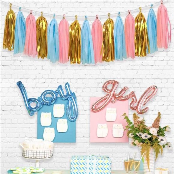 Baby Gender Reveal Decorations - Glitter Letters Baby & Boy or Girl with Banners - Picture 2 of 7
